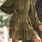 Split Neck Balloon Sleeve Tiered Ruffled Dress
