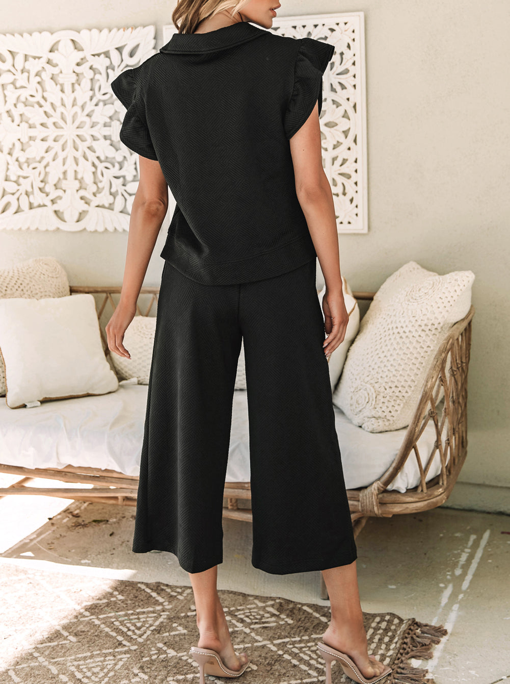 Textured Flutter Sleeve Top Wide Leg Pants Set