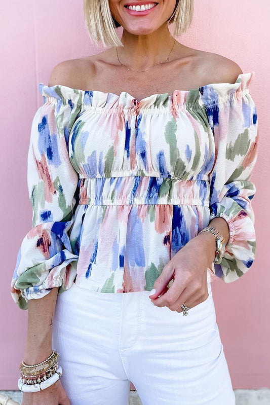 Frill Off Shoulder Bubble Sleeve Blouse