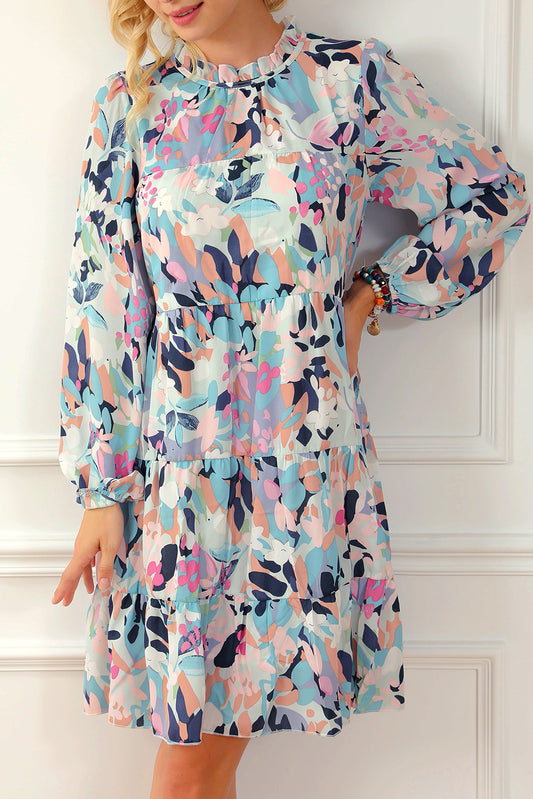 Frilled Neck Tiered Floral Dress