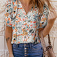 Split V Neck Puff Sleeve Flower Print Blouse