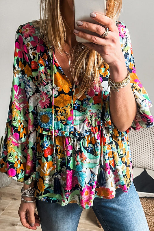 Floral Print Bubble Sleeve V Neck Ruffled Blouse