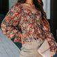 Floral Flounce Sleeve Front Tie Sweetheart Neck Blouse