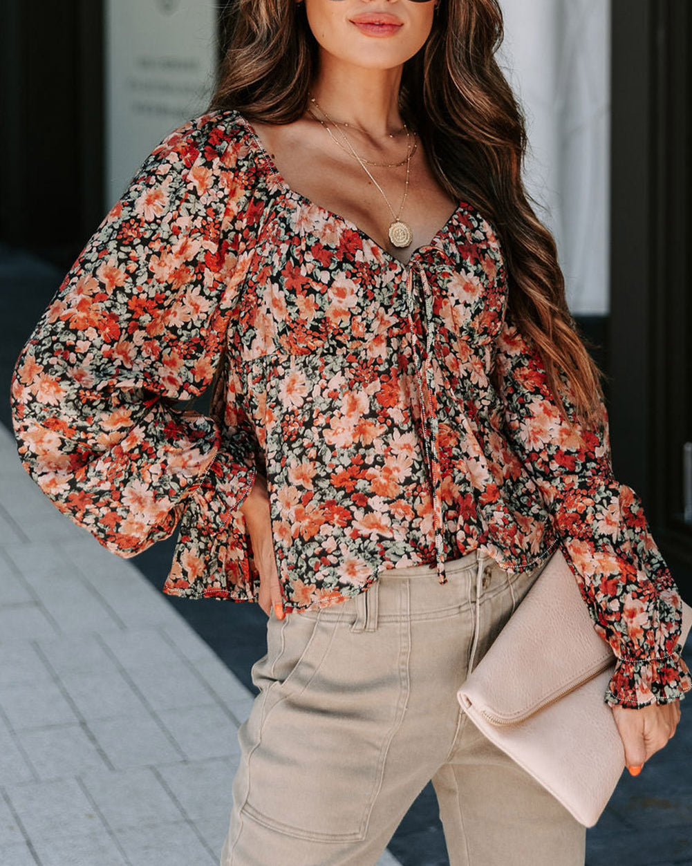 Floral Flounce Sleeve Front Tie Sweetheart Neck Blouse