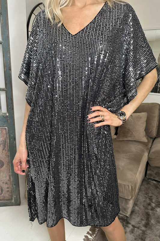 Sequin V Neck Dolman Sleeve Shift Dress