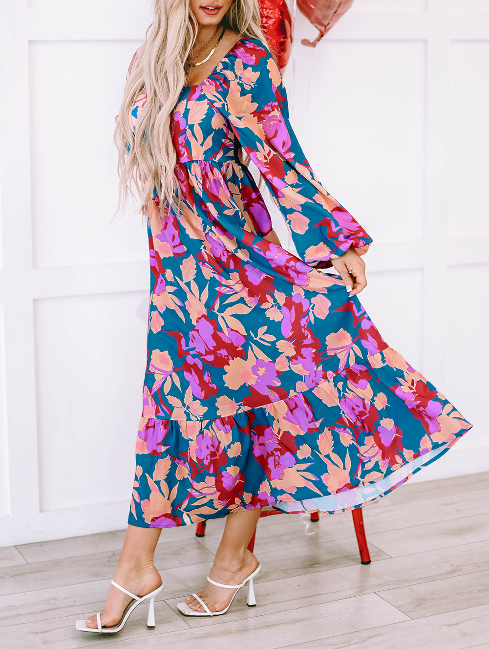 Floral Print Square Neck Ruffled High Waist Dress