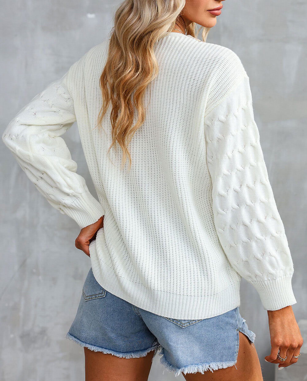 Cable Puff Sleeve Lace V Neck Sweater