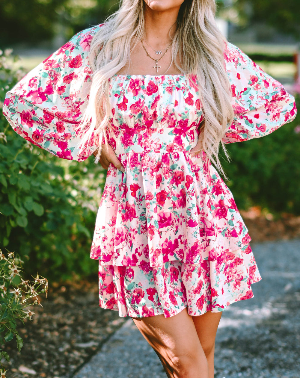 Ruffle Tiered High Waist Puff Sleeve Floral Dress