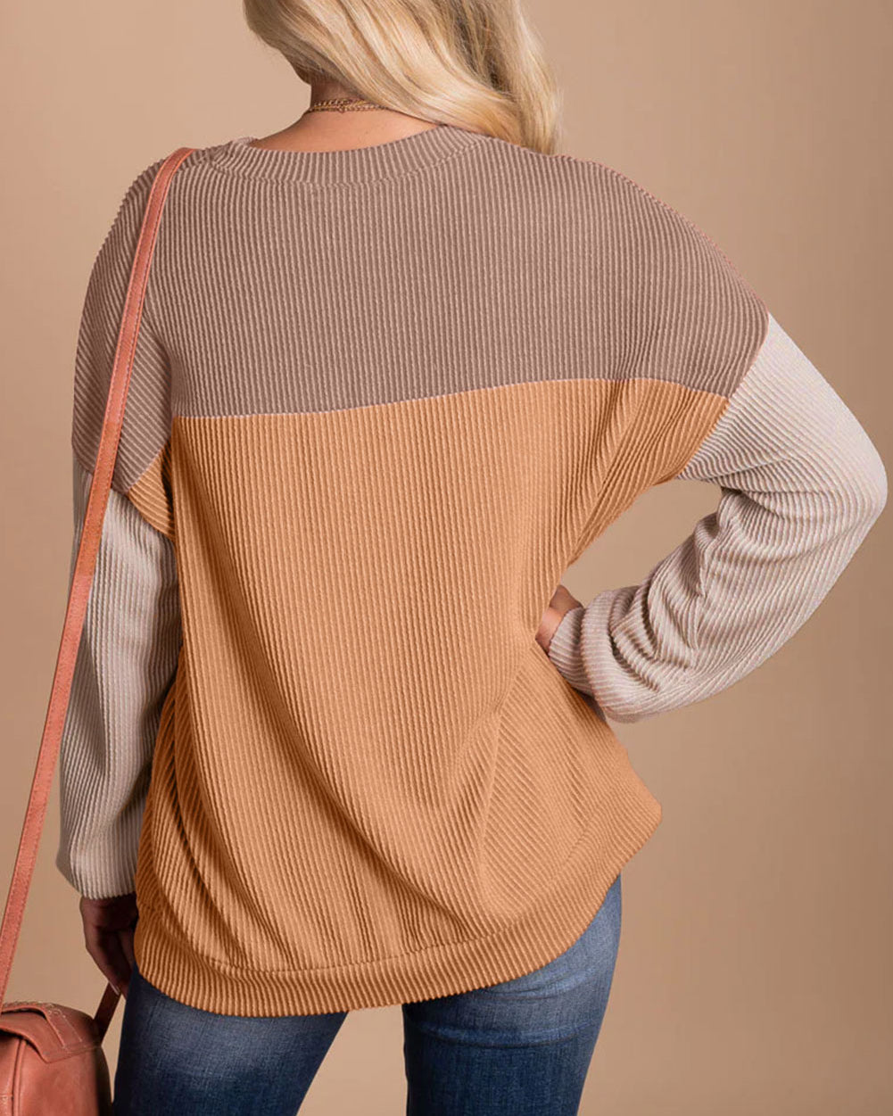 Color Block Long Sleeve Ribbed Loose Top