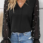 Pearl Mesh Flounce Sleeve V Neck Blouse