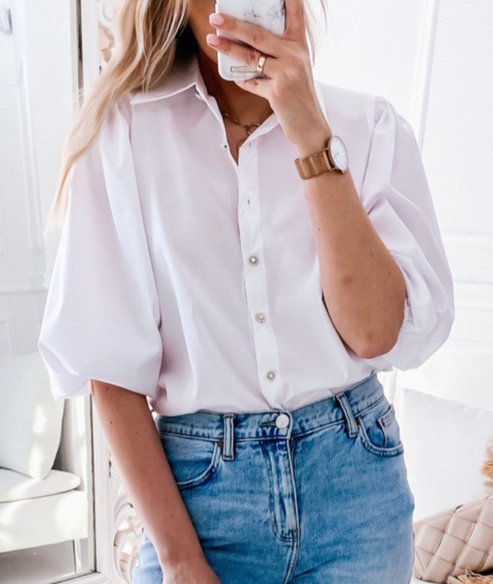 White Turn-down Neck Puff Sleeve Shirt