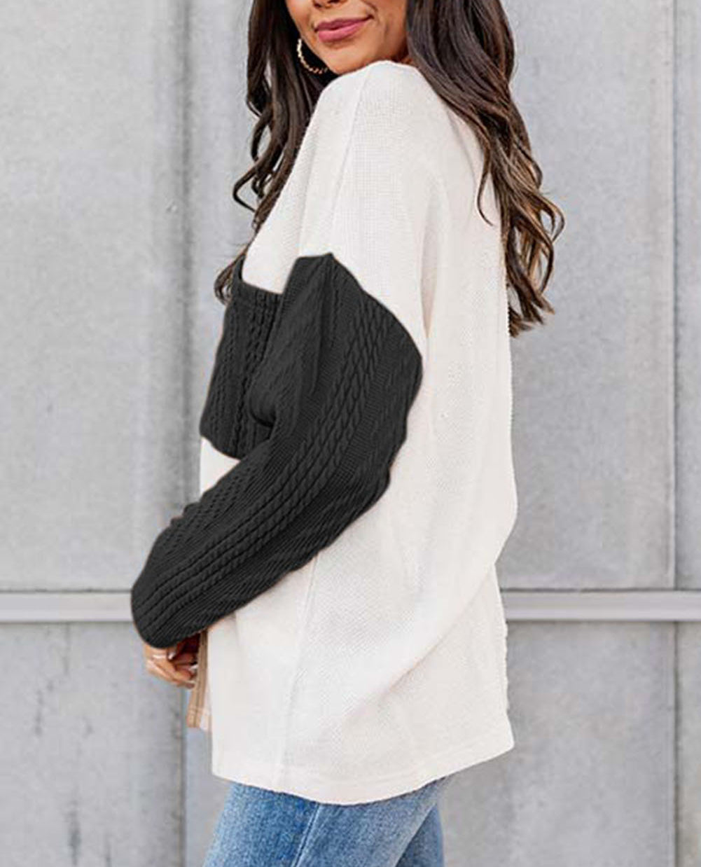 Long Sleeve Colorblock Chest Pocket Textured Knit Top