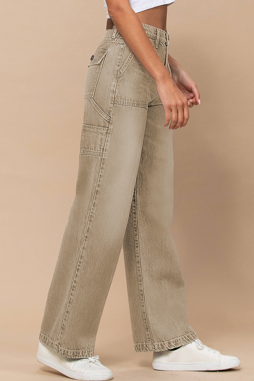 High Waist Flap Pocket Wide-Leg Jeans