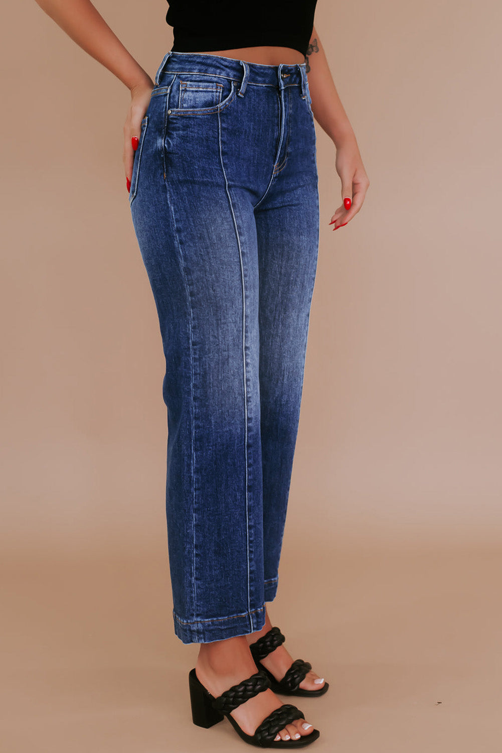 Plus Size Seamed Wide Leg High Waist Jeans