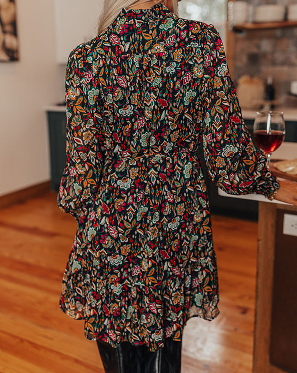 Retro Floral Tie Waist Short Ruffle Shirt Dress