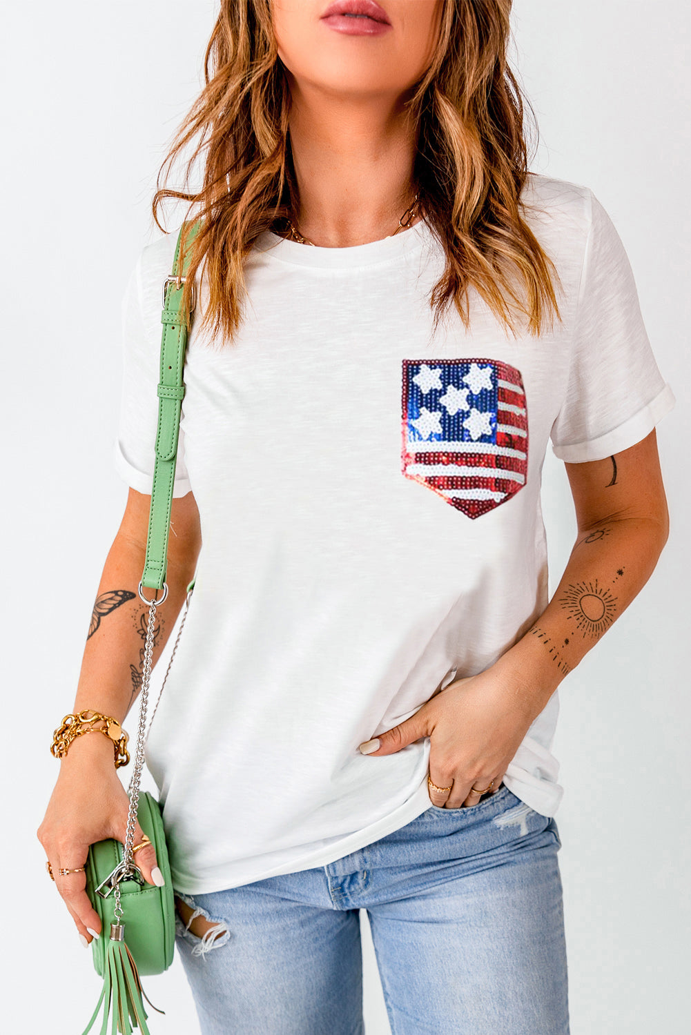 American Flag Sequin Pocket Patched T Shirt