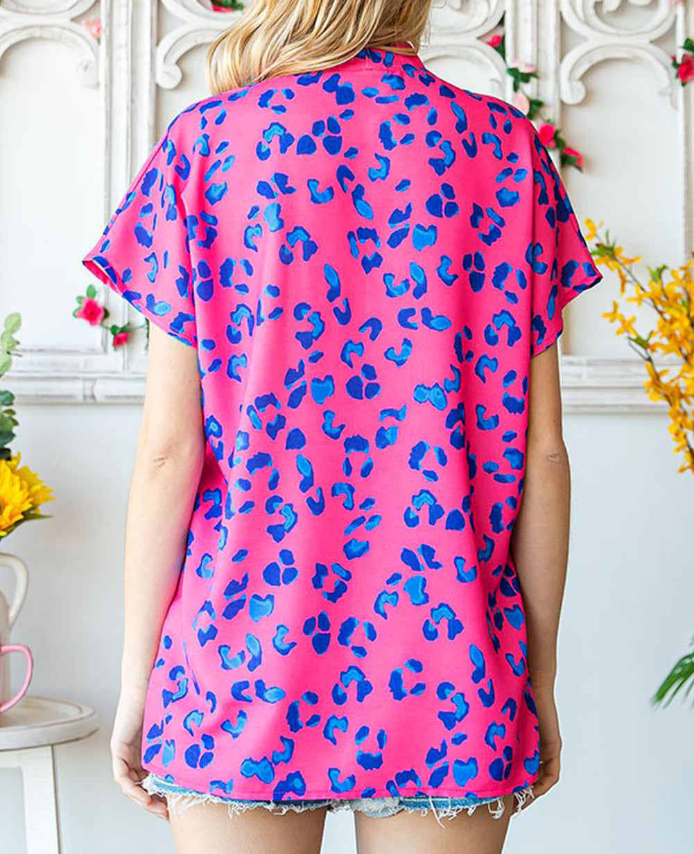 Contrast Leopard Print Plus Size V Neck Blouse
