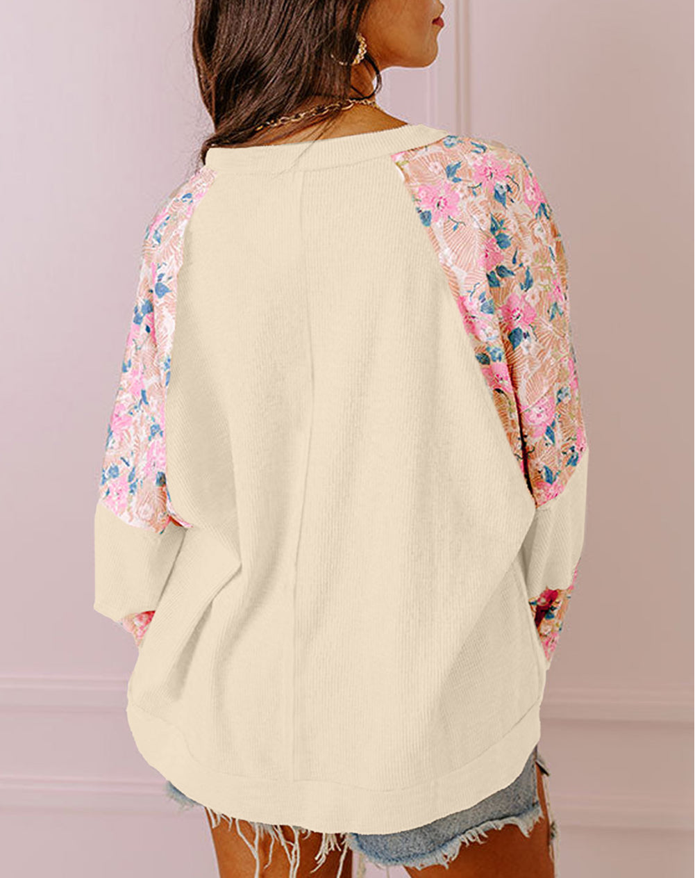 Textured Floral Patchwork Balloon Sleeve Blouse