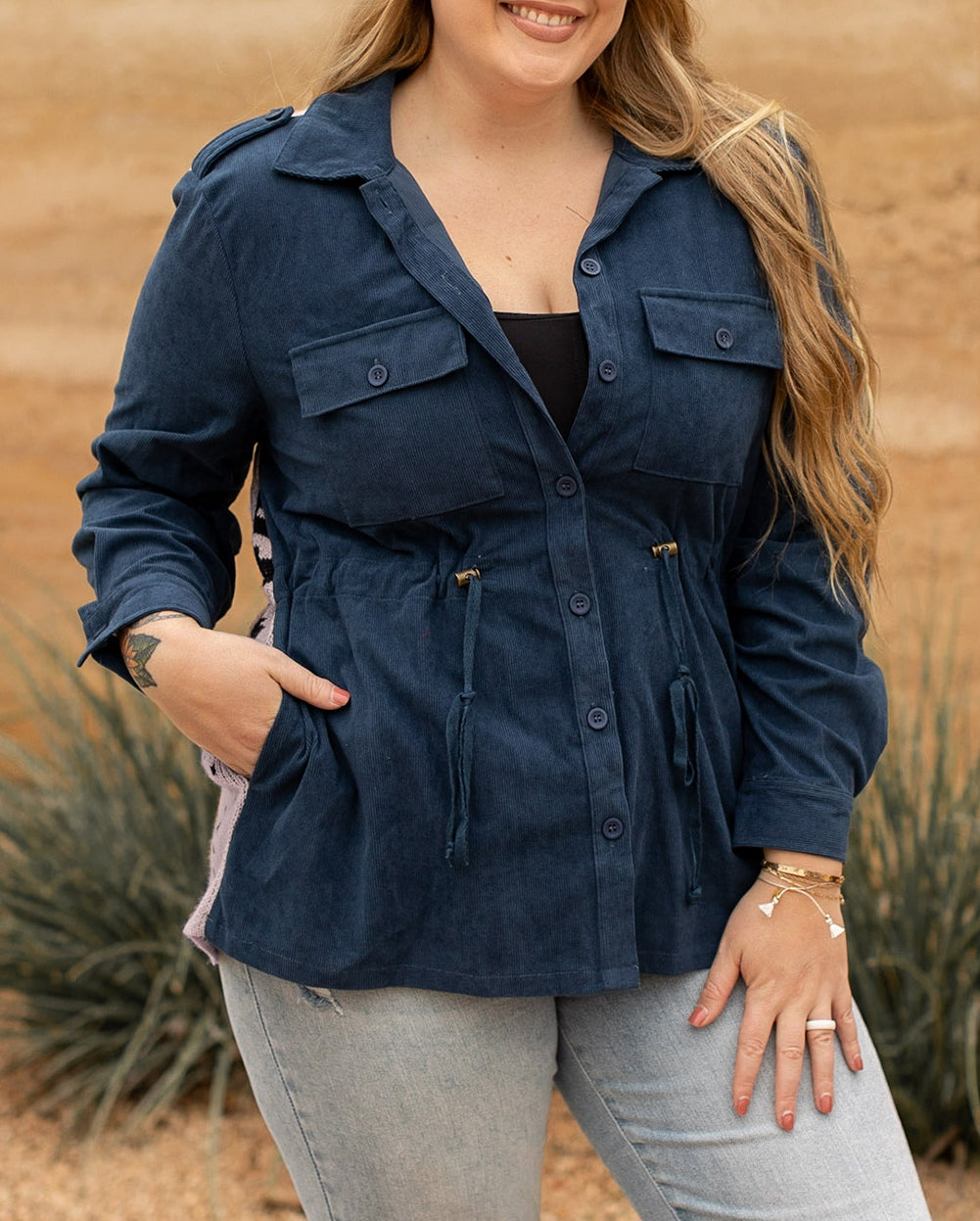 Plus Size Corduroy Jacquard Knit Aztec Back Jacket