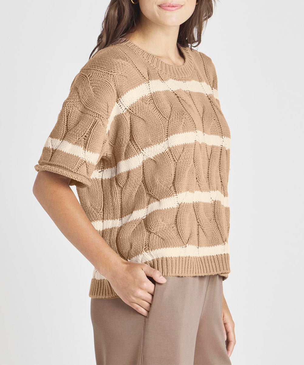 Striped Cable Short Sleeve Sweater