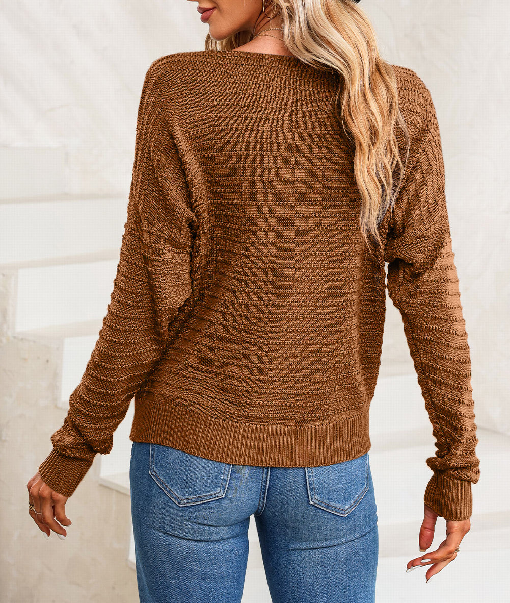 Textured Knit Round Neck Dolman Sleeve Sweater