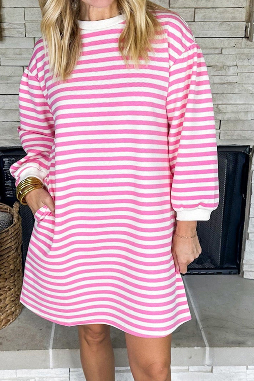 Stripe Round Neck Puff Sleeve Pocketed Shift Dress