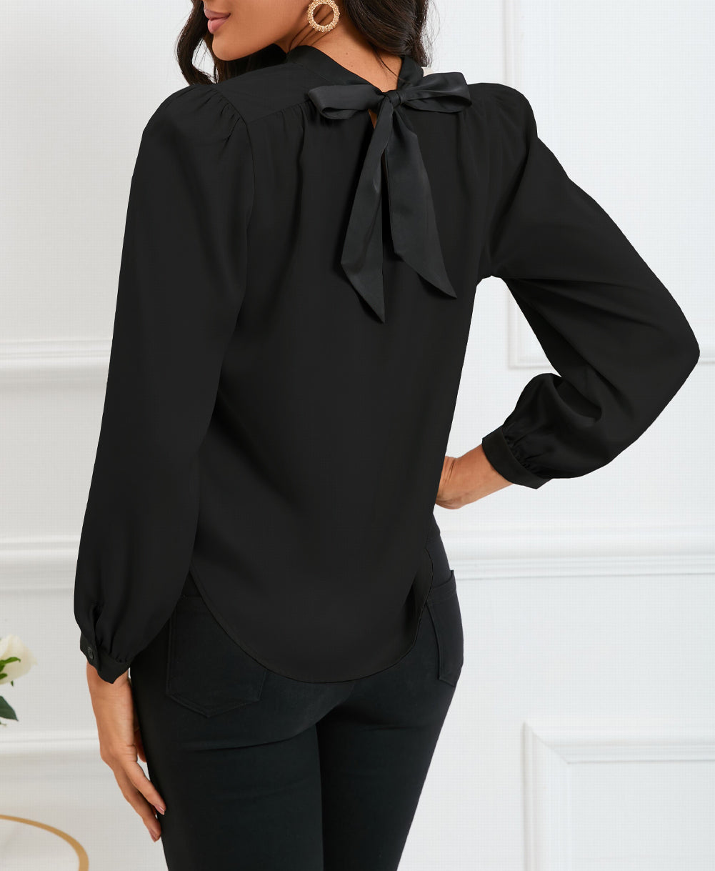 Color Block Bow Back Mock Neck Blouse