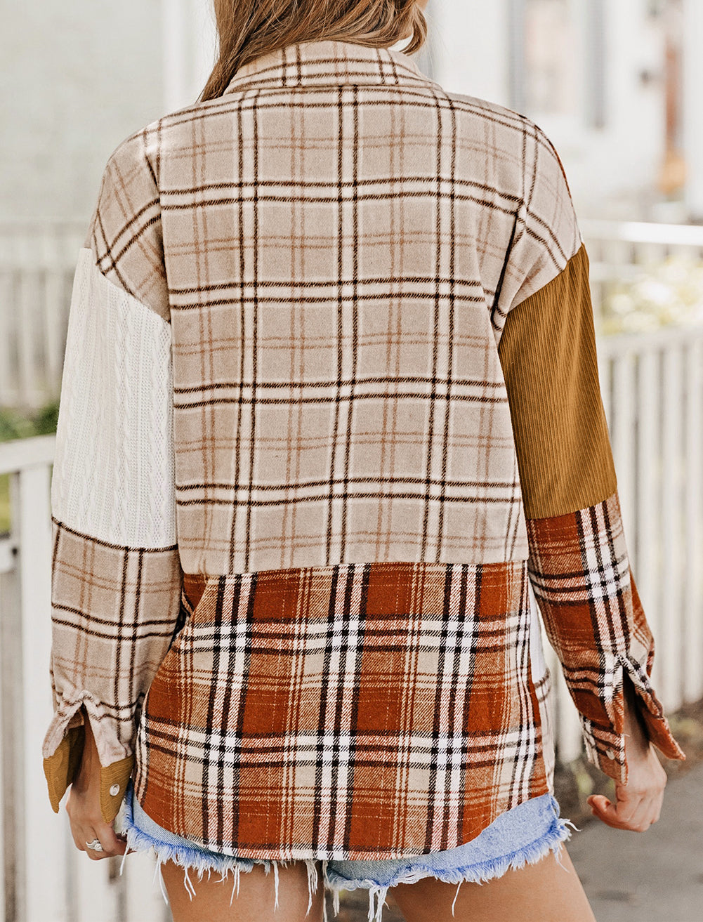 Plaid Color Block Patchwork Shirt Jacket with Pocket