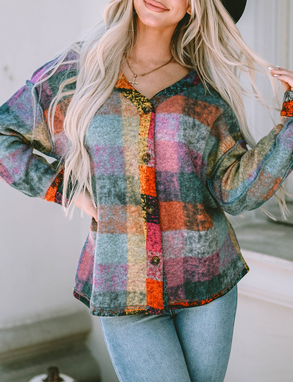 Brushed Checked Western Buttoned Jacket