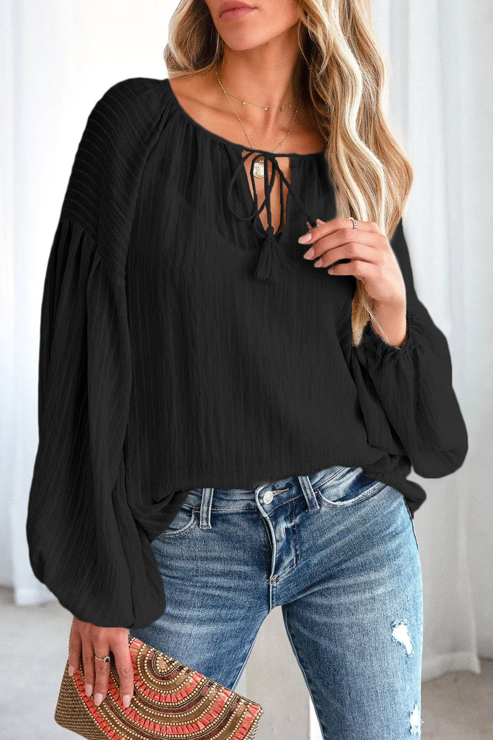 Lantern Sleeve Stripe Tassel Drawstring Blouse