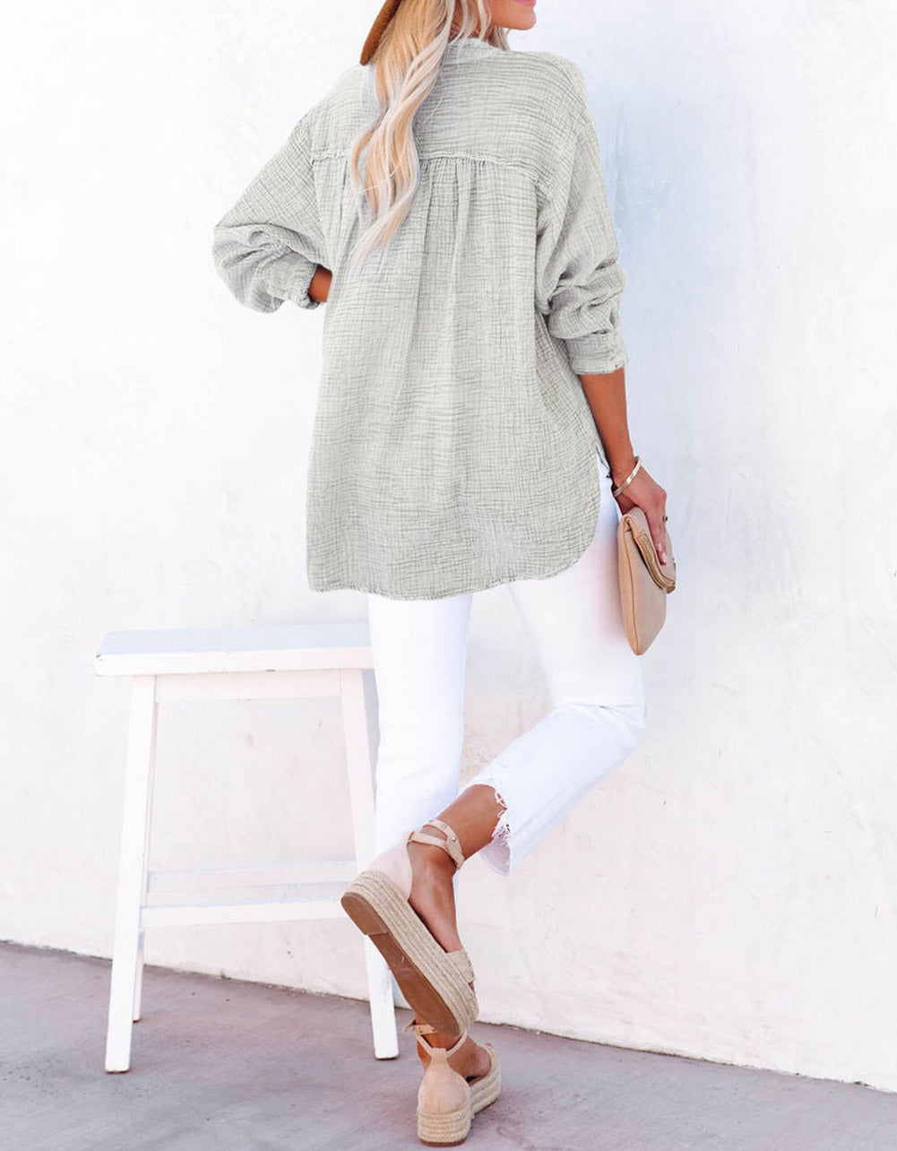 Crinkle Textured Loose Henley Top