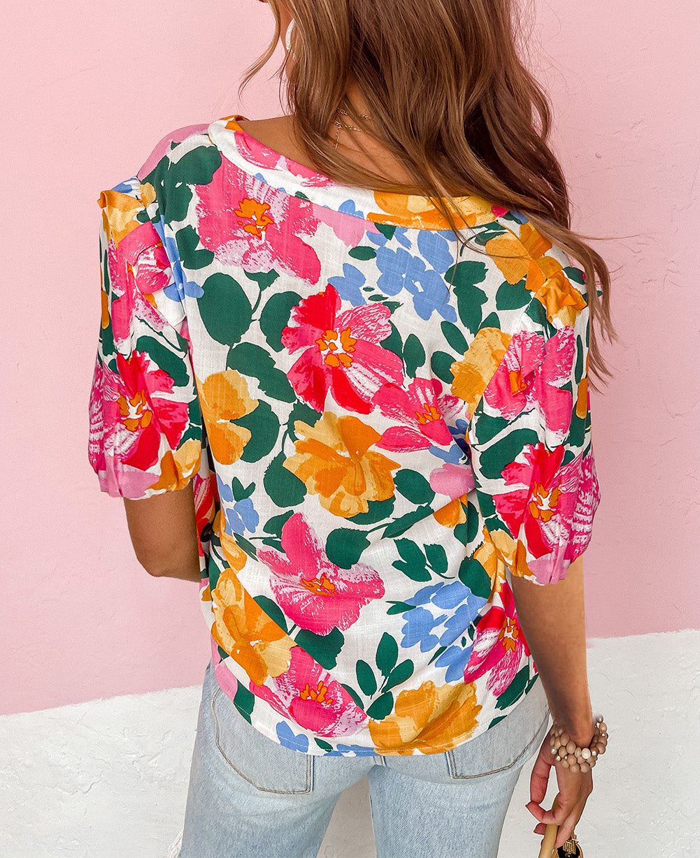 Floral Print Ruffle Trim Puff Sleeve Shirt