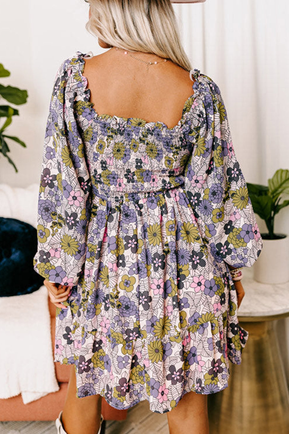 Floral Smocked Bust Square Neck Ruffled Dress