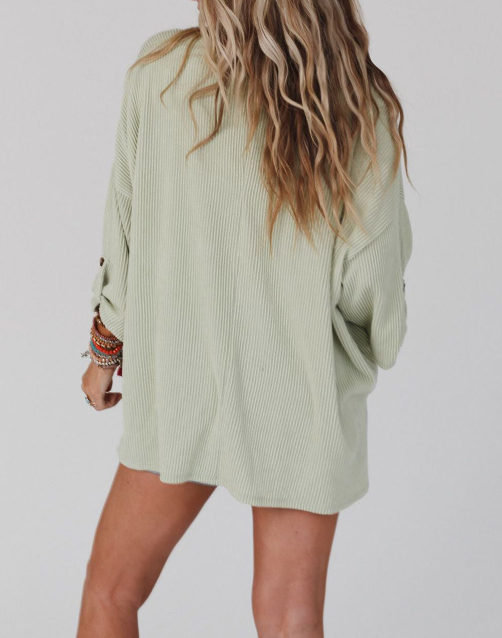 Ribbed Roll-tab Sleeve Chest Pocket Oversize Top