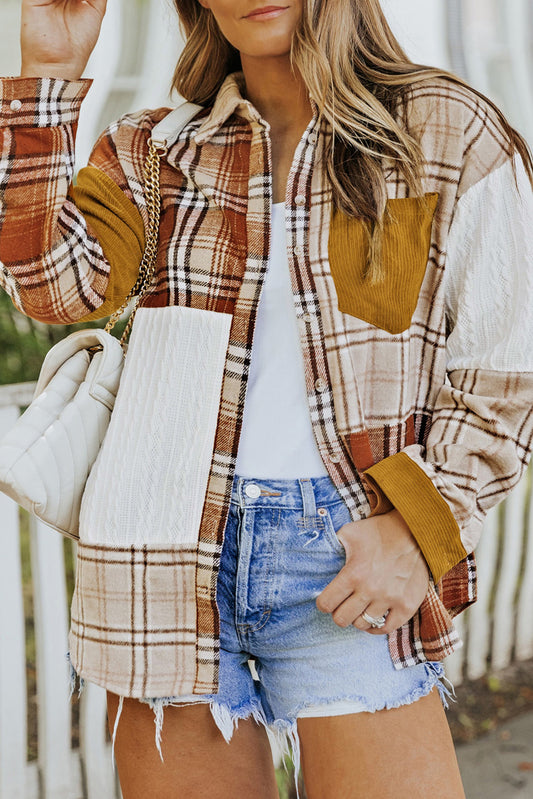 Plus Size Plaid Patchwork Button up Shacket