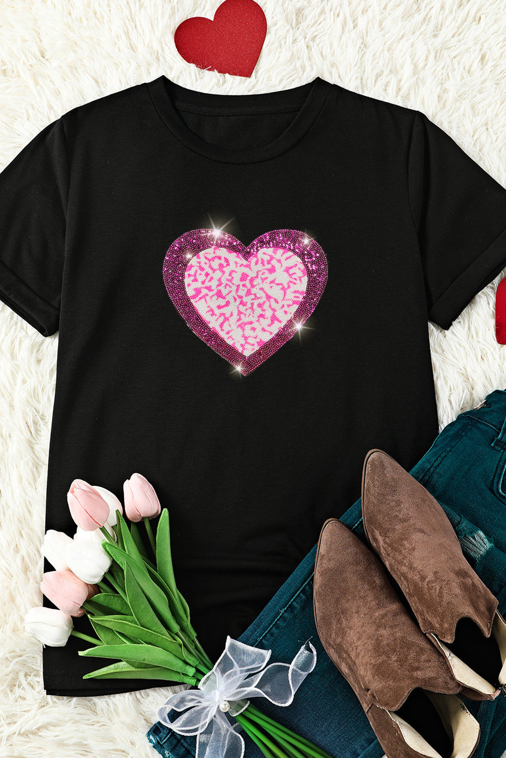 Glitter Heart Graphic Valentine Fashion T-shirt