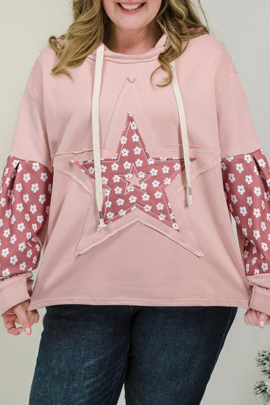 Star Patch Graphic Floral Color Block Drawstring Plus Size Hoodie