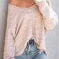 Kylie Waffle Knit Frayed Long Sleeve Top - Oatmeal