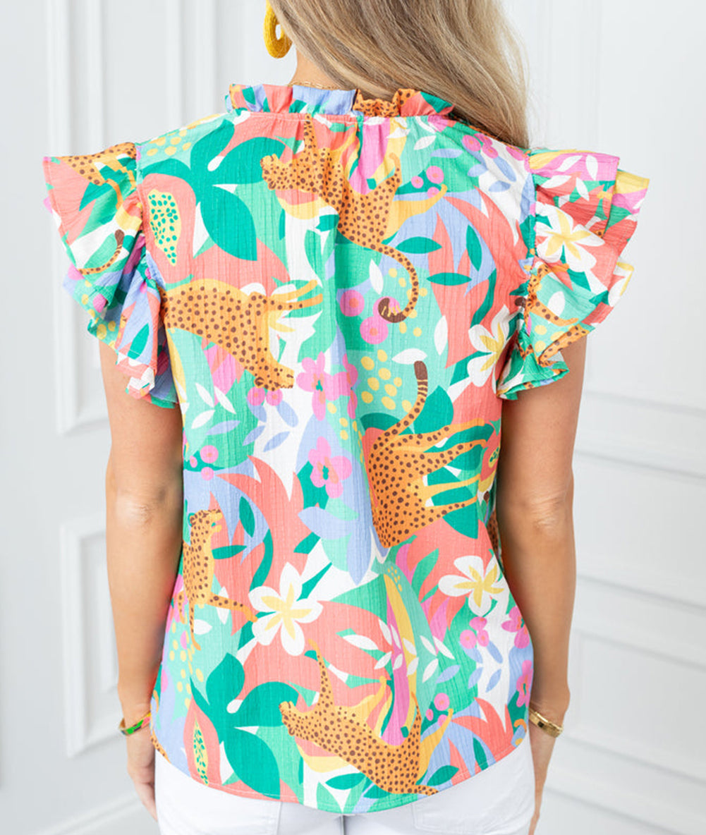Frilly Ruffle Tie Split Neck Summer Floral Blouse