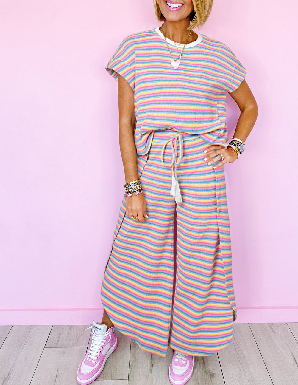Stripe Rainbow Tee Tasseled String Wide Leg Pants Set