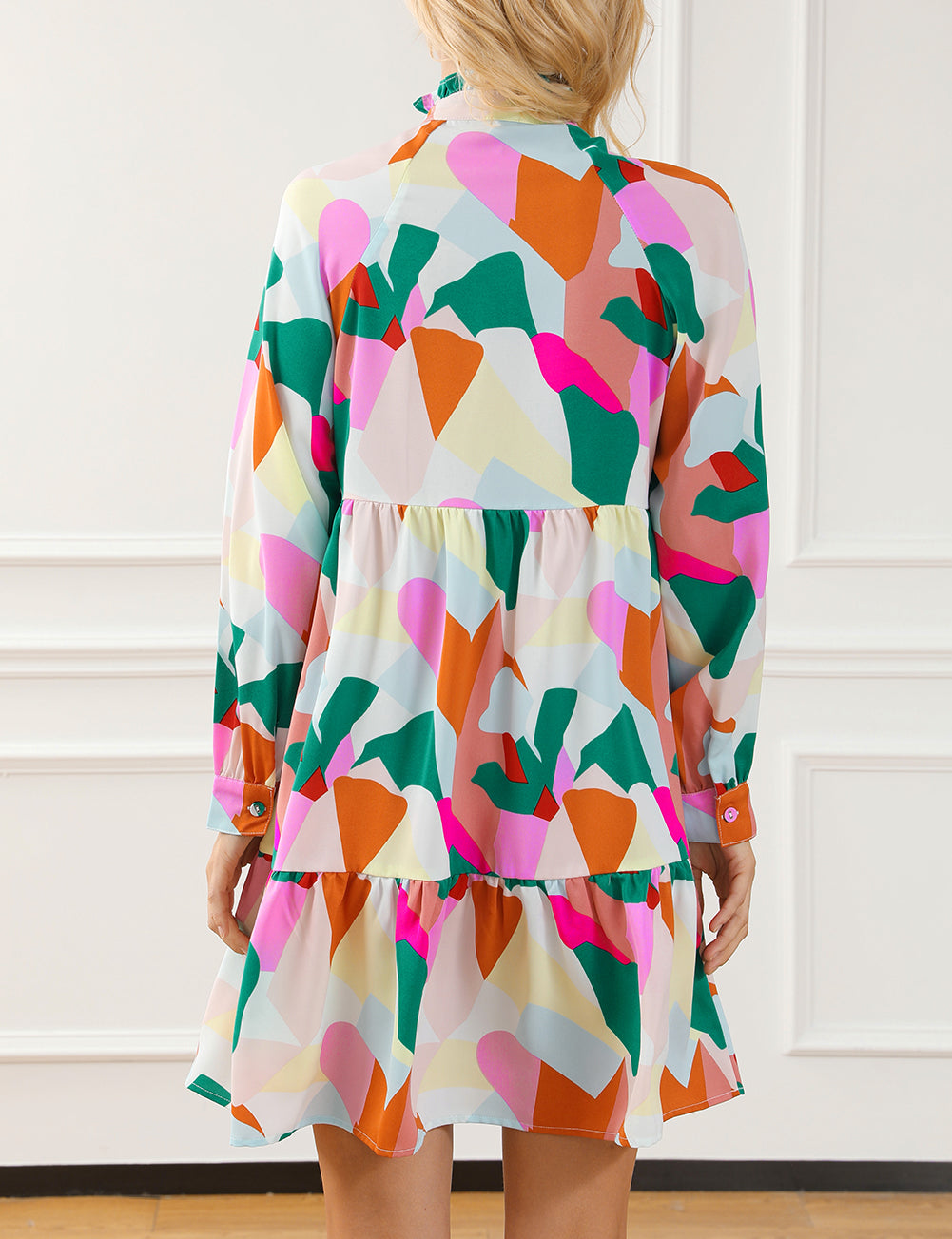 Geometric Print Stand Neck Balloon Sleeve Ruffled Dress