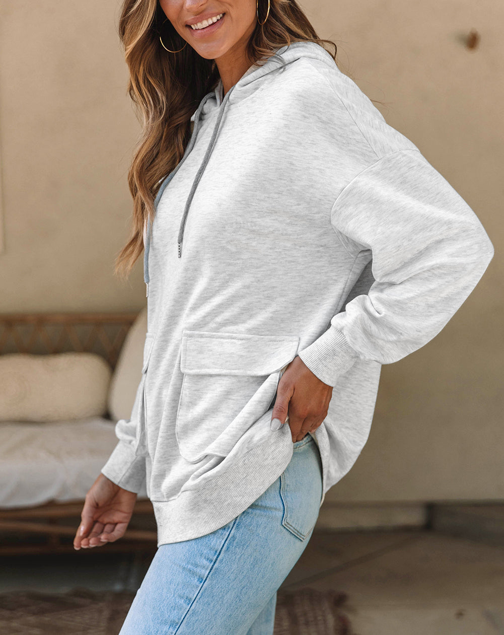 Double Flap Pocket Drawstring Hoodie