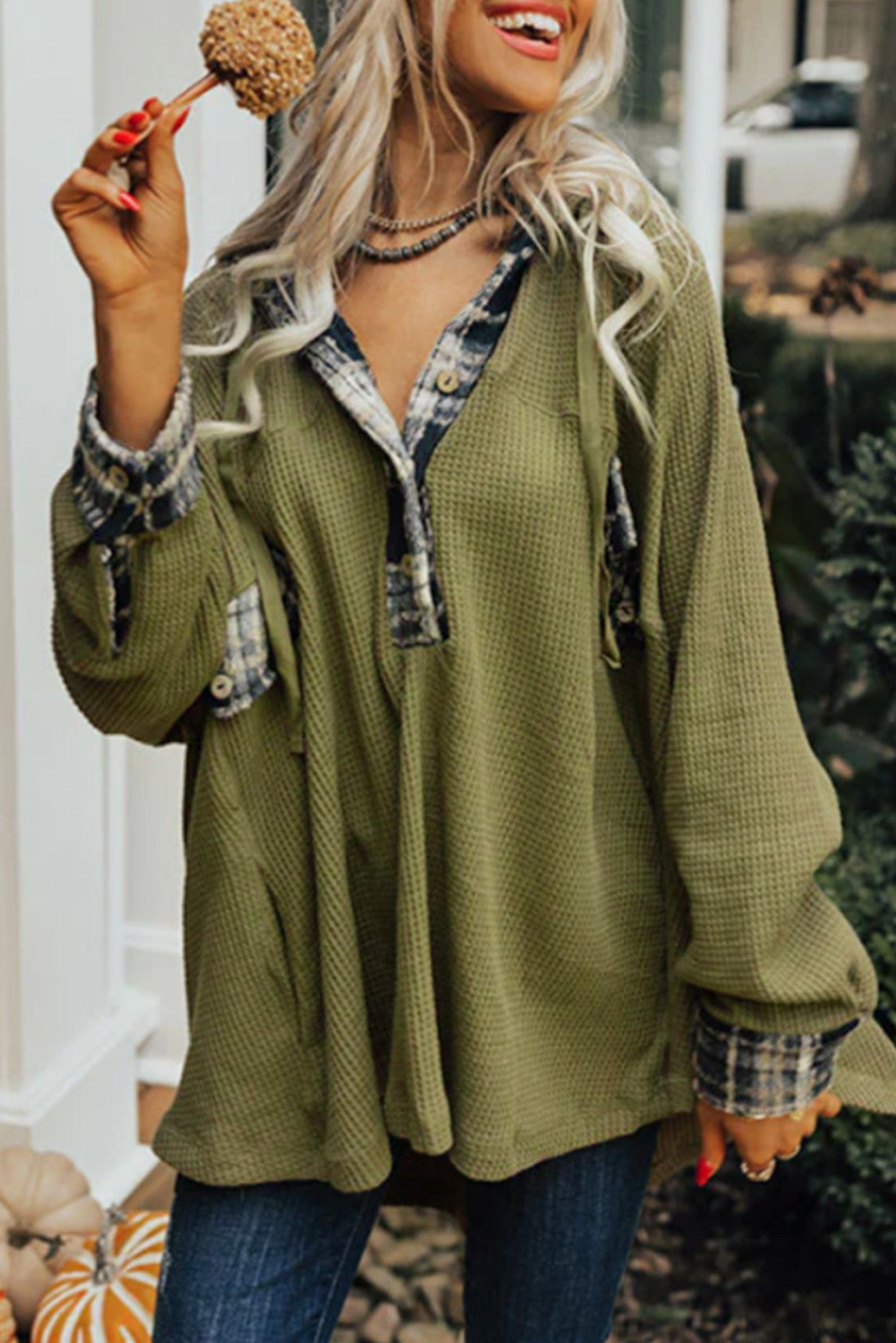 Flowy Plaid Accent Waffle Knit Henley Hoodie