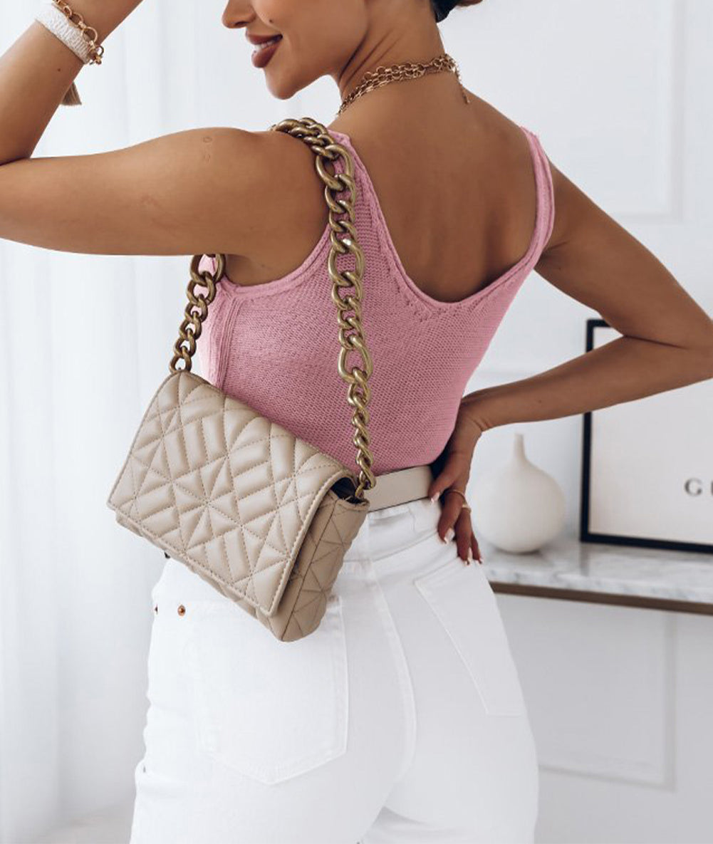 Pink Cable Knit Slim-fit V Neck Tank Top