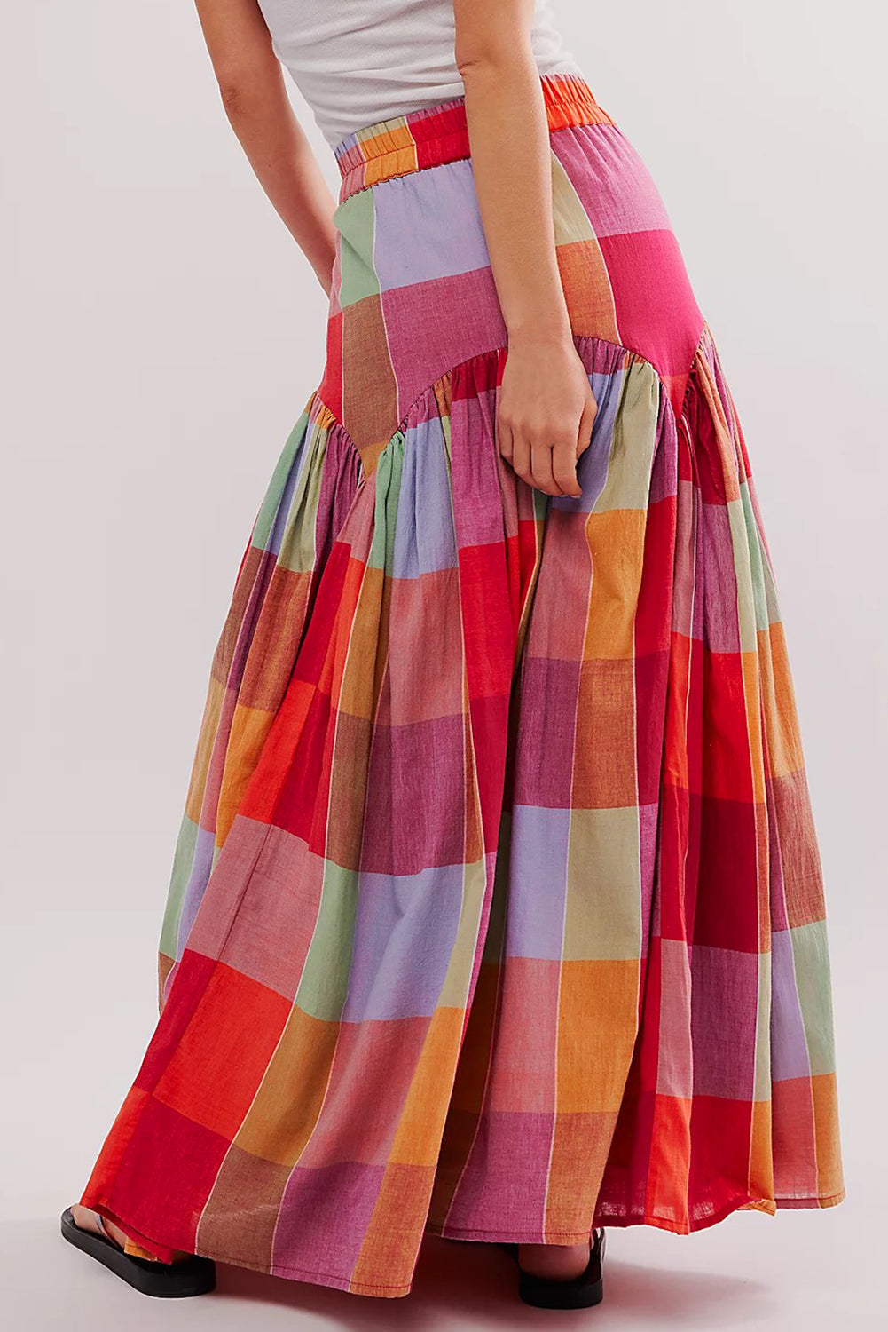 Plaid Print Ruched High Waist Casual Maxi Skirt