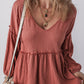 Solid Color Textured Frilled Trim V Neck Puff Sleeve Blouse