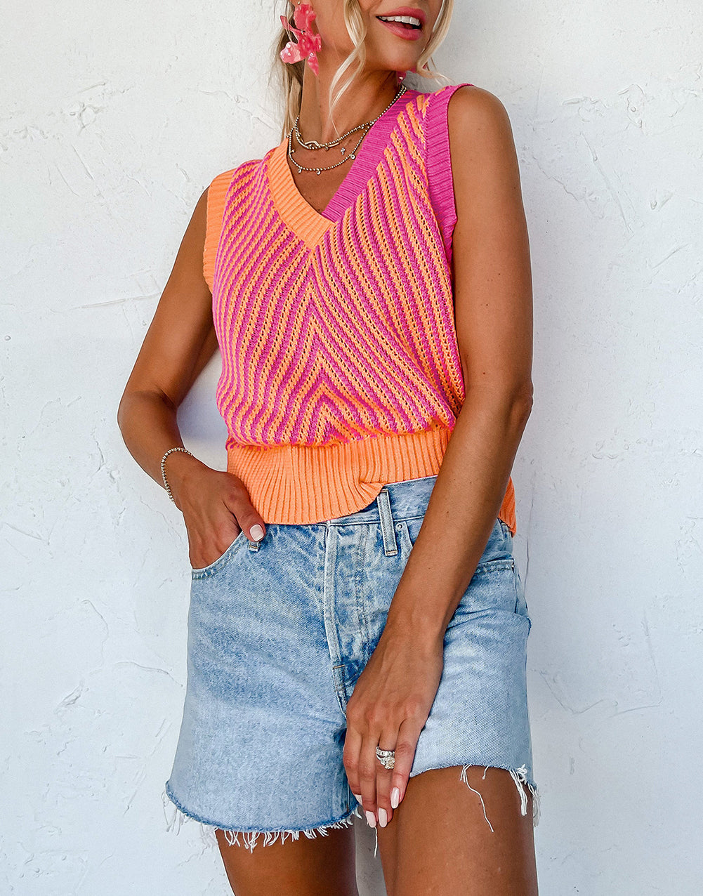 Contrast Chevron Knit V Neck Sweater Vest