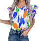 Abstract Pattern Ruffle Short Sleeves Blouse
