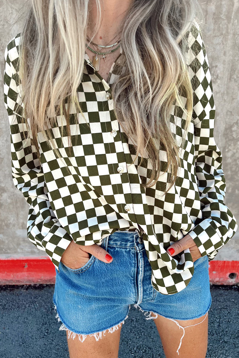 Checkerboard Printed Drop Shoulder Loose Casual Shirt