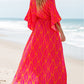 Leafy Print 3/4 Sleeve V Neck Buttoned Split Maxi Dress